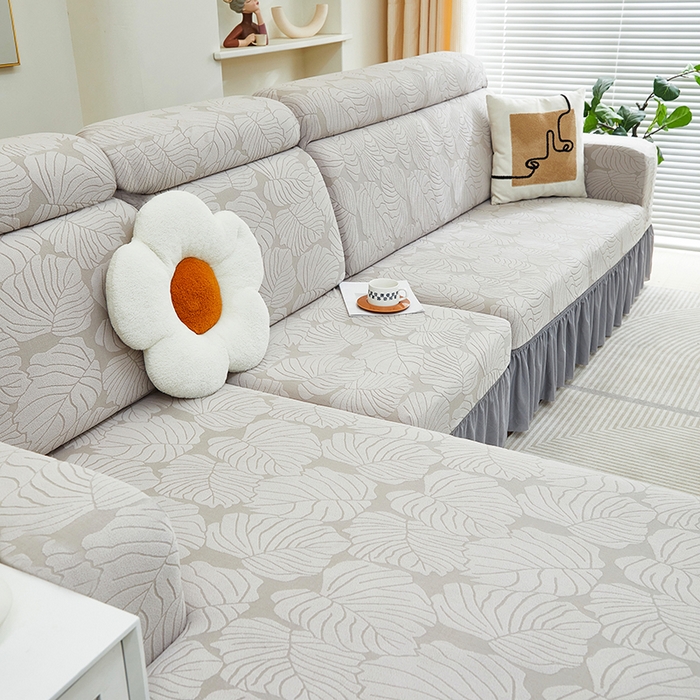 91家纺网 家纺一手货源 找家纺 丝绮鹿 2024新款羊羔绒沙发套裙边款（枫叶） 银灰