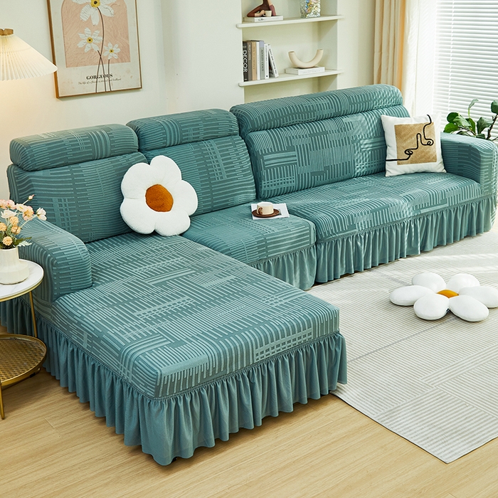 91家纺网 家纺一手货源 找家纺 丝绮鹿 2024新款提花绒沙发套裙边款（幸福） 幸福-松绿