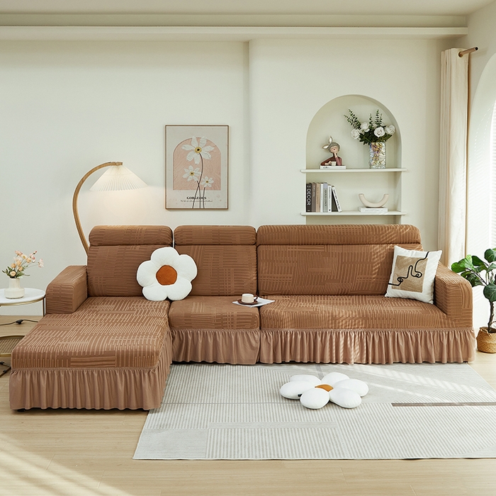 91家纺网 家纺一手货源 找家纺 丝绮鹿 2024新款提花绒沙发套裙边款（幸福） 幸福-卡驼