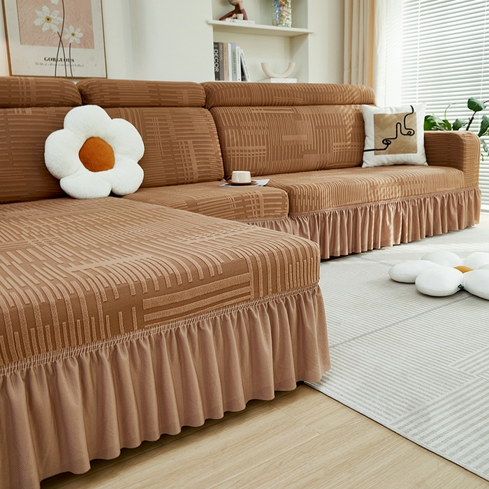 91家纺网 家纺一手货源 找家纺 丝绮鹿 2024新款提花绒沙发套裙边款（幸福） 幸福-卡驼