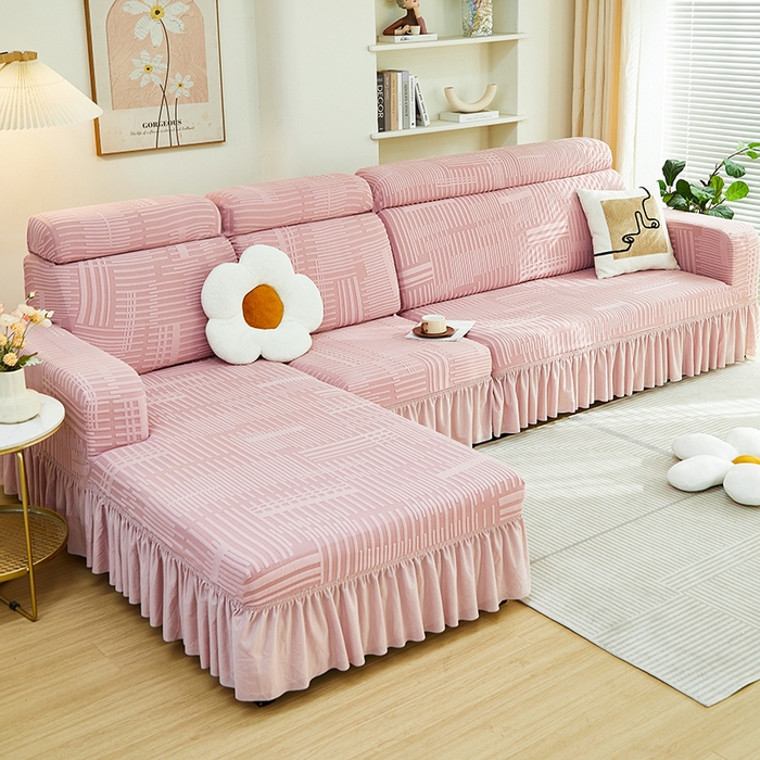 91家纺网 家纺一手货源 找家纺 丝绮鹿 2024新款提花绒沙发套裙边款（幸福） 幸福-暗粉