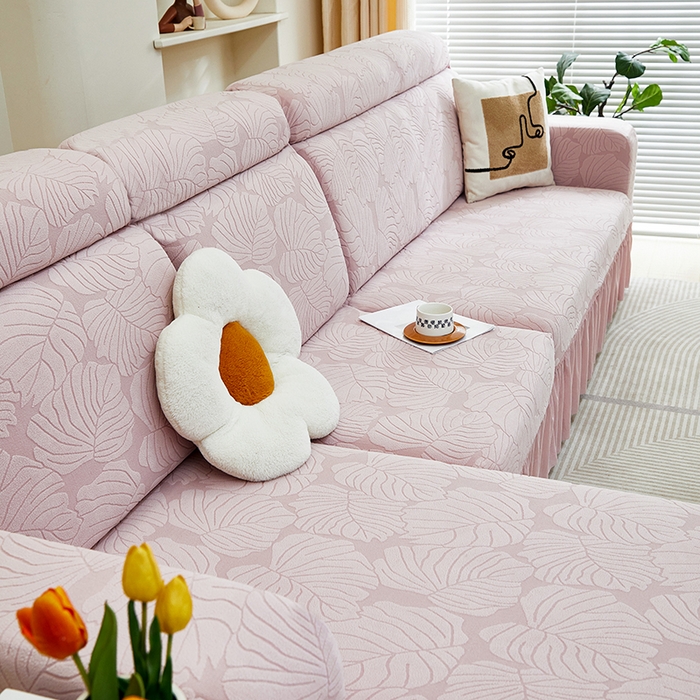 91家纺网 家纺一手货源 找家纺 丝绮鹿 2024新款羊羔绒沙发套裙边款（枫叶） 粉玉