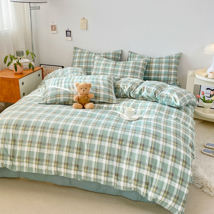 91家纺网 家纺一手货源 找家纺 雨帆家纺 2024新款水洗棉格子系列四件套 绿格子