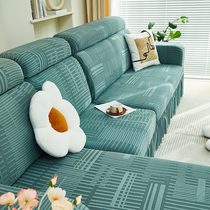 91家纺网 家纺一手货源 找家纺 丝绮鹿 2024新款提花绒沙发套裙边款（幸福） 幸福-松绿