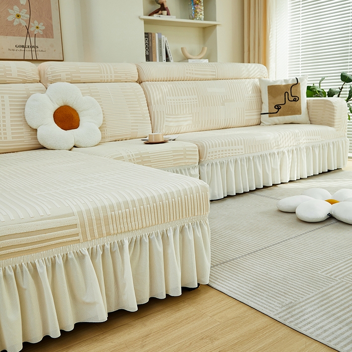 91家纺网 家纺一手货源 找家纺 丝绮鹿 2024新款提花绒沙发套裙边款（幸福） 幸福-茶白