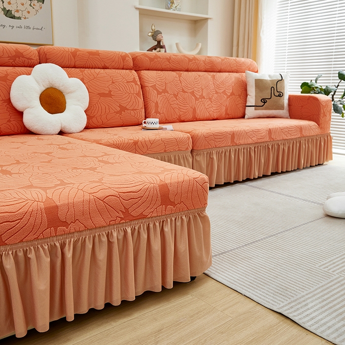 91家纺网 家纺一手货源 找家纺 丝绮鹿 2024新款羊羔绒沙发套裙边款（枫叶） 亮橙