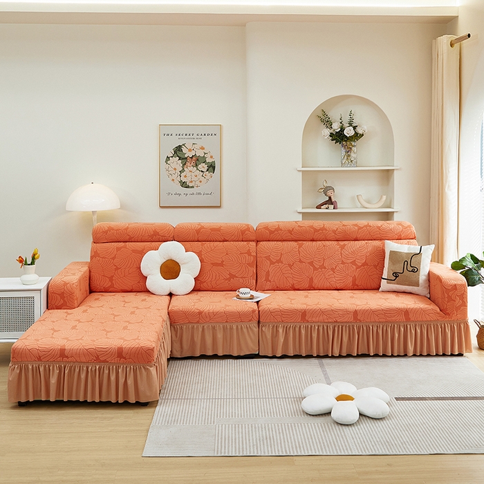 91家纺网 家纺一手货源 找家纺 丝绮鹿 2024新款羊羔绒沙发套裙边款（枫叶） 亮橙