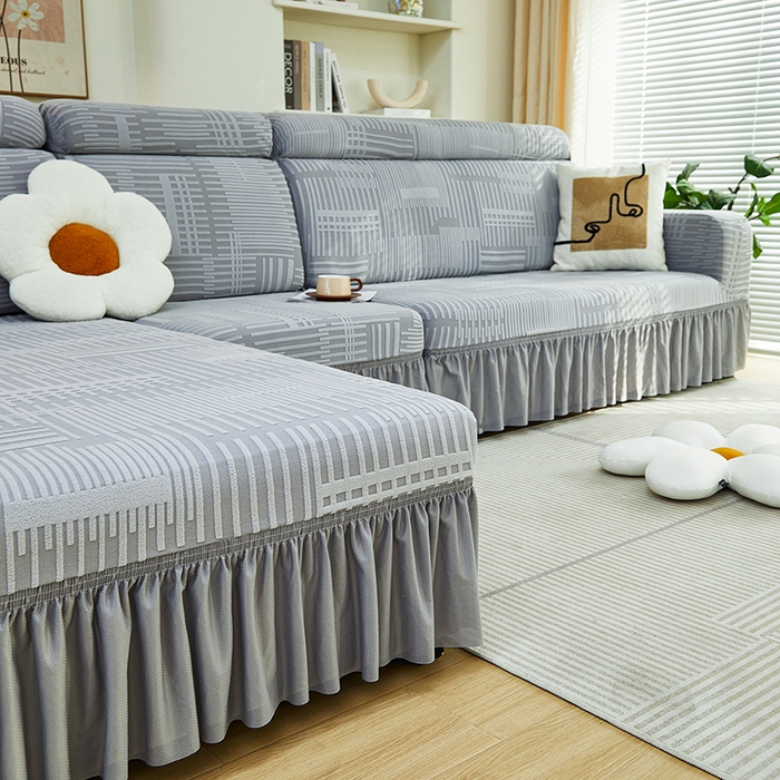 91家纺网 家纺一手货源 找家纺 丝绮鹿 2024新款提花绒沙发套裙边款（幸福） 幸福-云灰