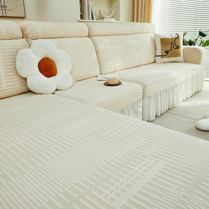 91家纺网 家纺一手货源 找家纺 丝绮鹿 2024新款提花绒沙发套裙边款（幸福） 幸福-茶白