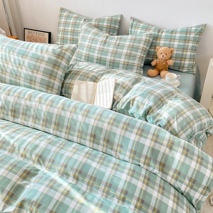 91家纺网 家纺一手货源 找家纺 雨帆家纺 2024新款水洗棉格子系列四件套 绿格子