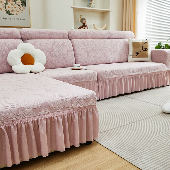 91家纺网 家纺一手货源 找家纺 丝绮鹿 2024新款羊羔绒沙发套裙边款（枫叶） 粉玉