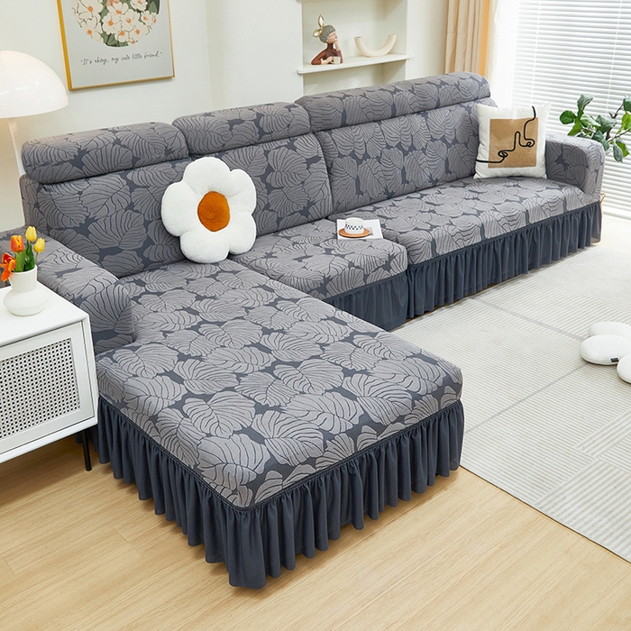 91家纺网 家纺一手货源 找家纺 丝绮鹿 2024新款羊羔绒沙发套裙边款（枫叶） 烟灰