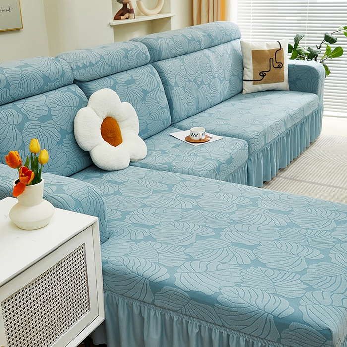 91家纺网 家纺一手货源 找家纺 丝绮鹿 2024新款羊羔绒沙发套裙边款（枫叶） 宁静蓝