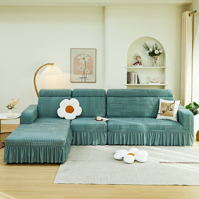 91家纺网 家纺一手货源 找家纺 丝绮鹿 2024新款提花绒沙发套裙边款（幸福） 幸福-松绿