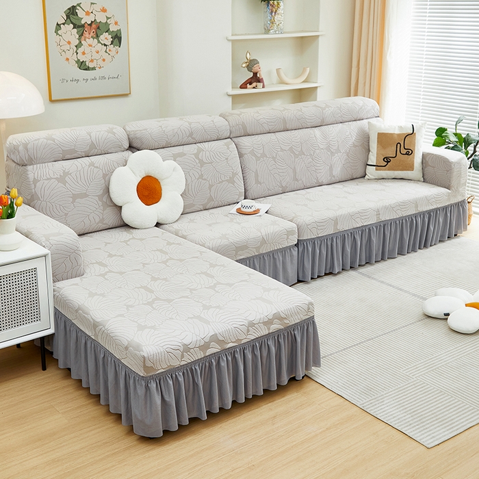 91家纺网 家纺一手货源 找家纺 丝绮鹿 2024新款羊羔绒沙发套裙边款（枫叶） 银灰