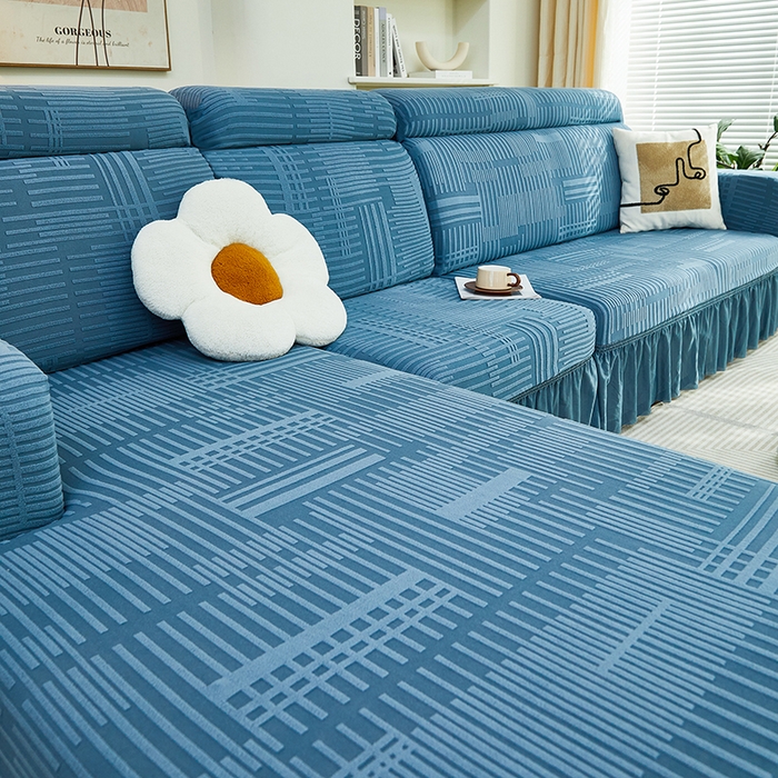 91家纺网 家纺一手货源 找家纺 丝绮鹿 2024新款提花绒沙发套裙边款（幸福） 幸福-水蓝