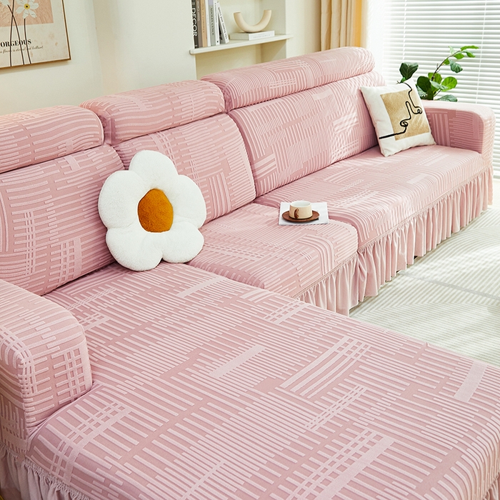 91家纺网 家纺一手货源 找家纺 丝绮鹿 2024新款提花绒沙发套裙边款（幸福） 幸福-暗粉