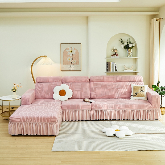 91家纺网 家纺一手货源 找家纺 丝绮鹿 2024新款提花绒沙发套裙边款（幸福） 幸福-暗粉