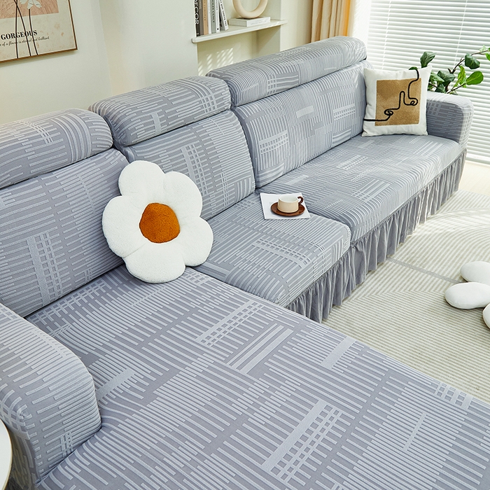 91家纺网 家纺一手货源 找家纺 丝绮鹿 2024新款提花绒沙发套裙边款（幸福） 幸福-云灰