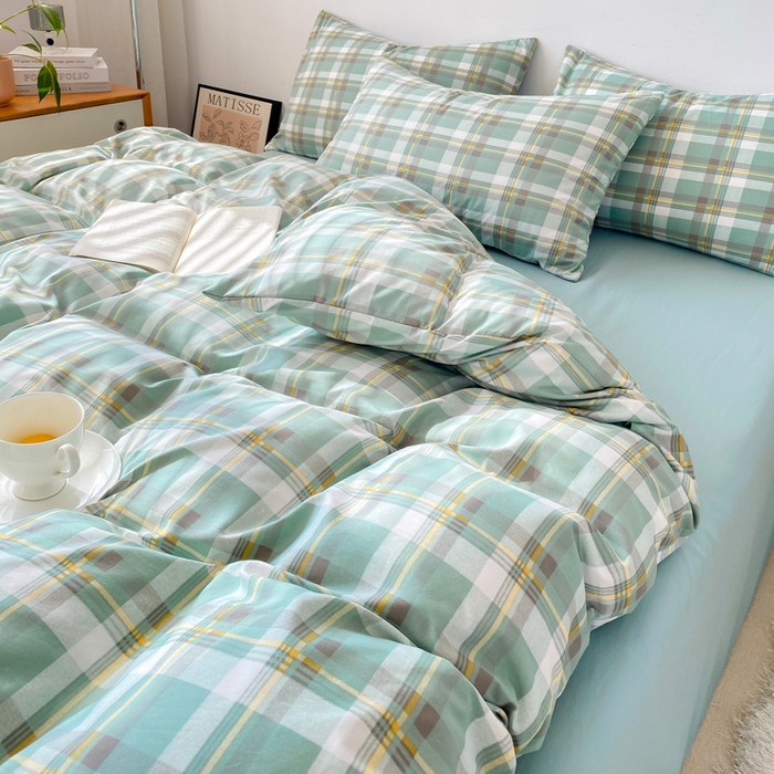 91家纺网 家纺一手货源 找家纺 雨帆家纺 2024新款水洗棉格子系列四件套 绿格子