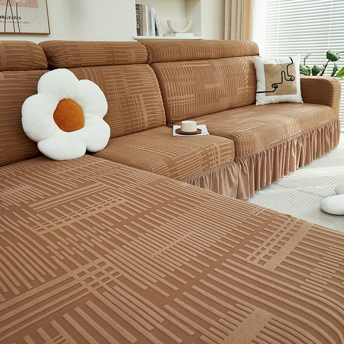 91家纺网 家纺一手货源 找家纺 丝绮鹿 2024新款提花绒沙发套裙边款（幸福） 幸福-卡驼