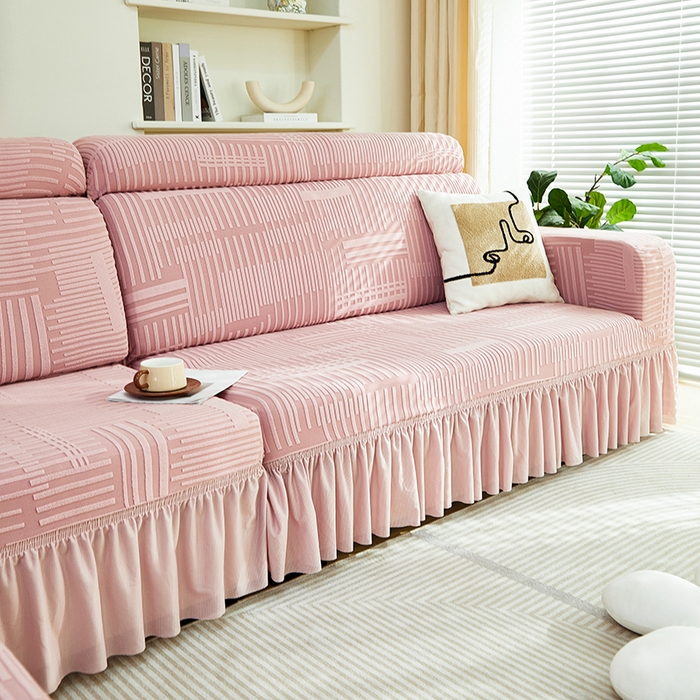 91家纺网 家纺一手货源 找家纺 丝绮鹿 2024新款提花绒沙发套裙边款（幸福） 幸福-暗粉