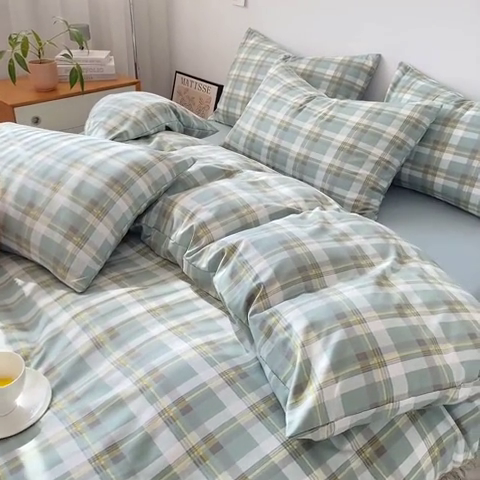 91家纺网 家纺一手货源 找家纺 雨帆家纺 2024新款水洗棉格子系列四件套 绿格子