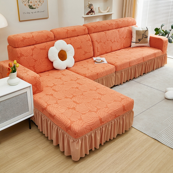 91家纺网 家纺一手货源 找家纺 丝绮鹿 2024新款羊羔绒沙发套裙边款（枫叶） 亮橙