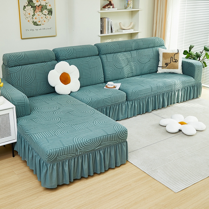 91家纺网 家纺一手货源 找家纺 丝绮鹿 2024新款提花绒沙发套裙边款（圆满） 圆满-清雅绿