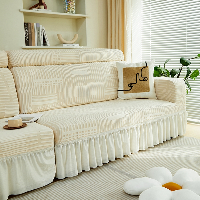 91家纺网 家纺一手货源 找家纺 丝绮鹿 2024新款提花绒沙发套裙边款（幸福） 幸福-茶白