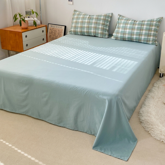 91家纺网 家纺一手货源 找家纺 雨帆家纺 2024新款水洗棉格子系列四件套 绿格子