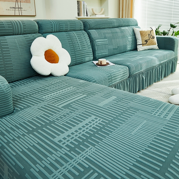 91家纺网 家纺一手货源 找家纺 丝绮鹿 2024新款提花绒沙发套裙边款（幸福） 幸福-松绿