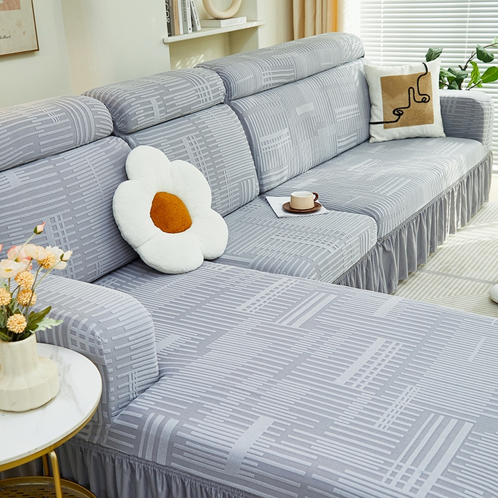 91家纺网 家纺一手货源 找家纺 丝绮鹿 2024新款提花绒沙发套裙边款（幸福） 幸福-云灰