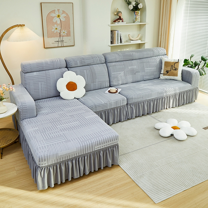 91家纺网 家纺一手货源 找家纺 丝绮鹿 2024新款提花绒沙发套裙边款（幸福） 幸福-云灰