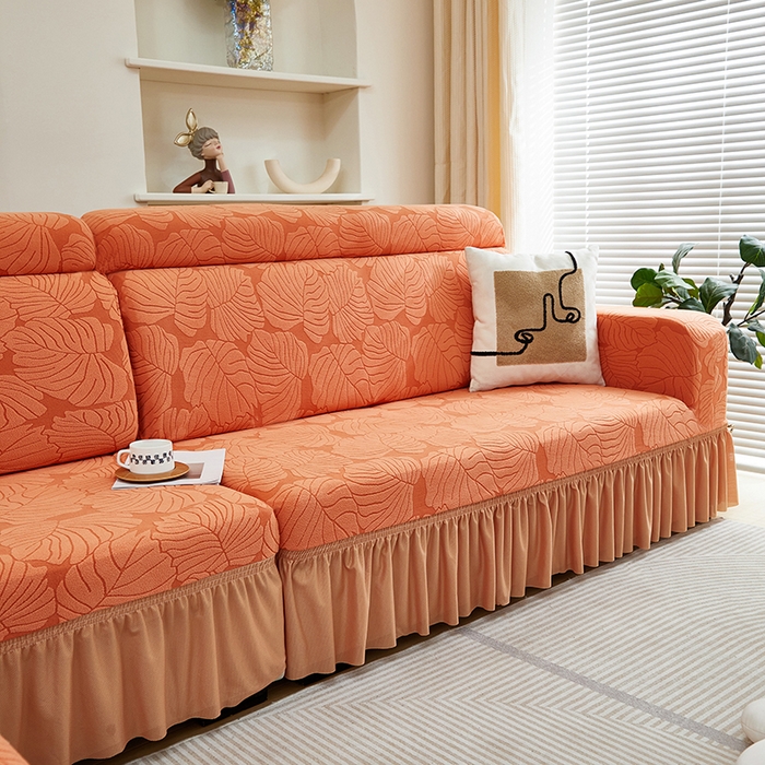 91家纺网 家纺一手货源 找家纺 丝绮鹿 2024新款羊羔绒沙发套裙边款（枫叶） 亮橙