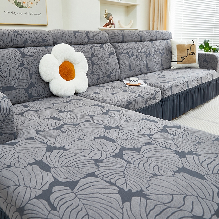 91家纺网 家纺一手货源 找家纺 丝绮鹿 2024新款羊羔绒沙发套裙边款（枫叶） 烟灰