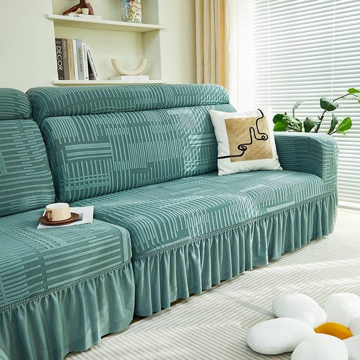 91家纺网 家纺一手货源 找家纺 丝绮鹿 2024新款提花绒沙发套裙边款（幸福） 幸福-松绿