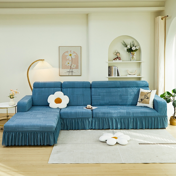 91家纺网 家纺一手货源 找家纺 丝绮鹿 2024新款提花绒沙发套裙边款（幸福） 幸福-水蓝