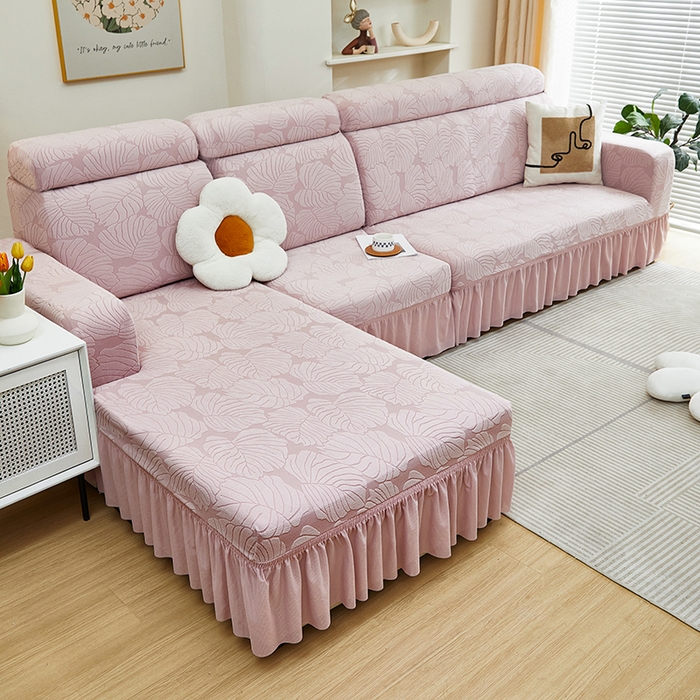 91家纺网 家纺一手货源 找家纺 丝绮鹿 2024新款羊羔绒沙发套裙边款（枫叶） 粉玉