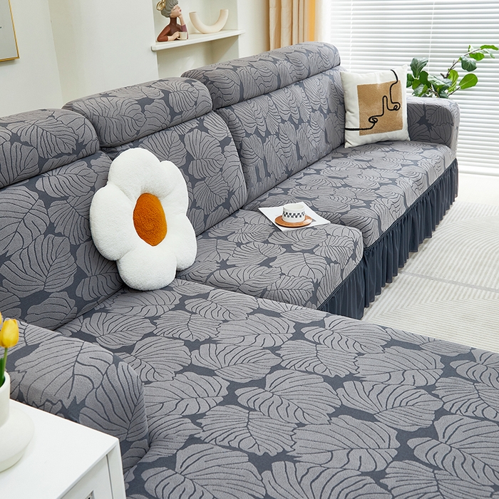 91家纺网 家纺一手货源 找家纺 丝绮鹿 2024新款羊羔绒沙发套裙边款（枫叶） 烟灰