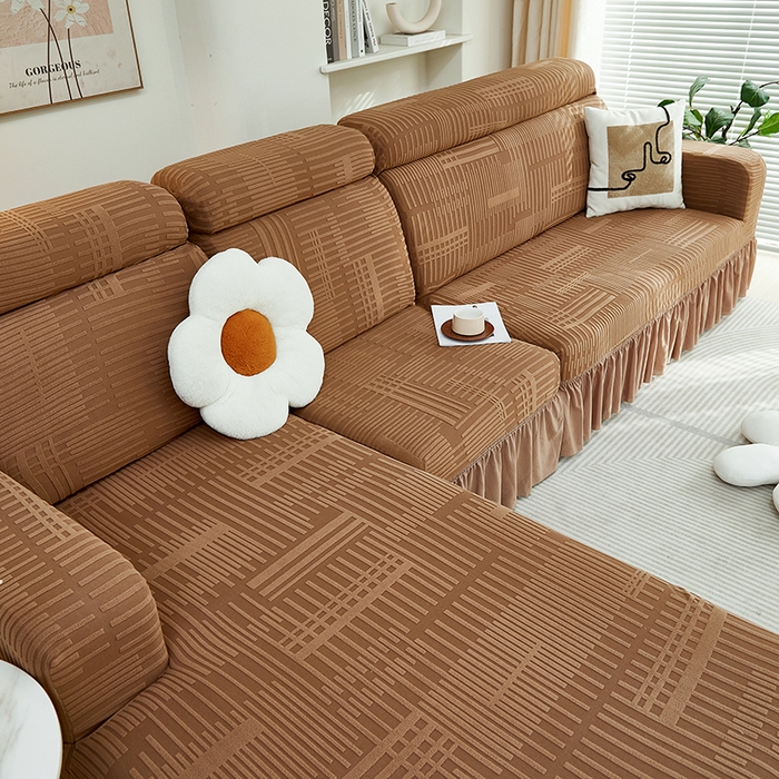 91家纺网 家纺一手货源 找家纺 丝绮鹿 2024新款提花绒沙发套裙边款（幸福） 幸福-卡驼