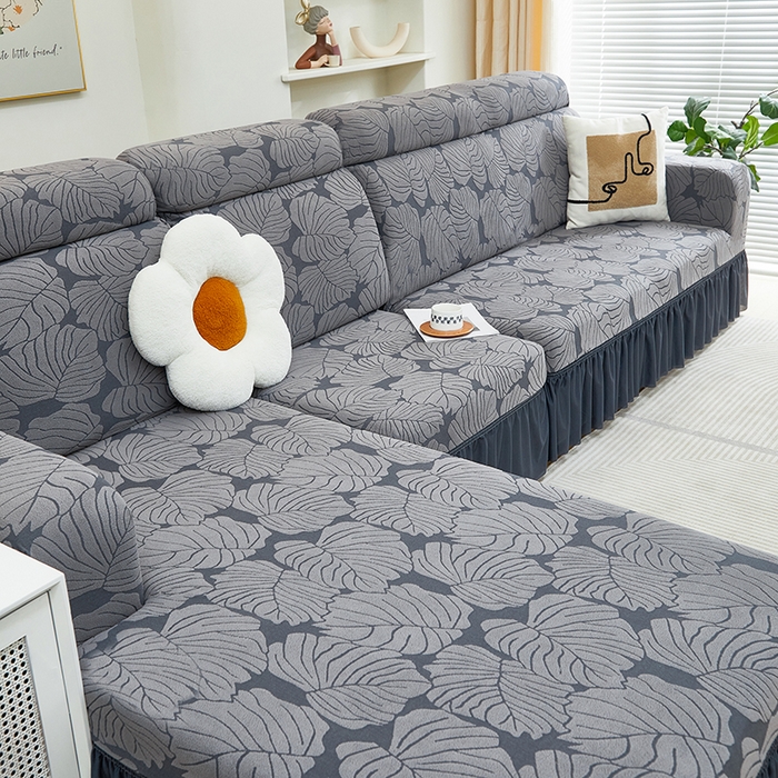 91家纺网 家纺一手货源 找家纺 丝绮鹿 2024新款羊羔绒沙发套裙边款（枫叶） 烟灰