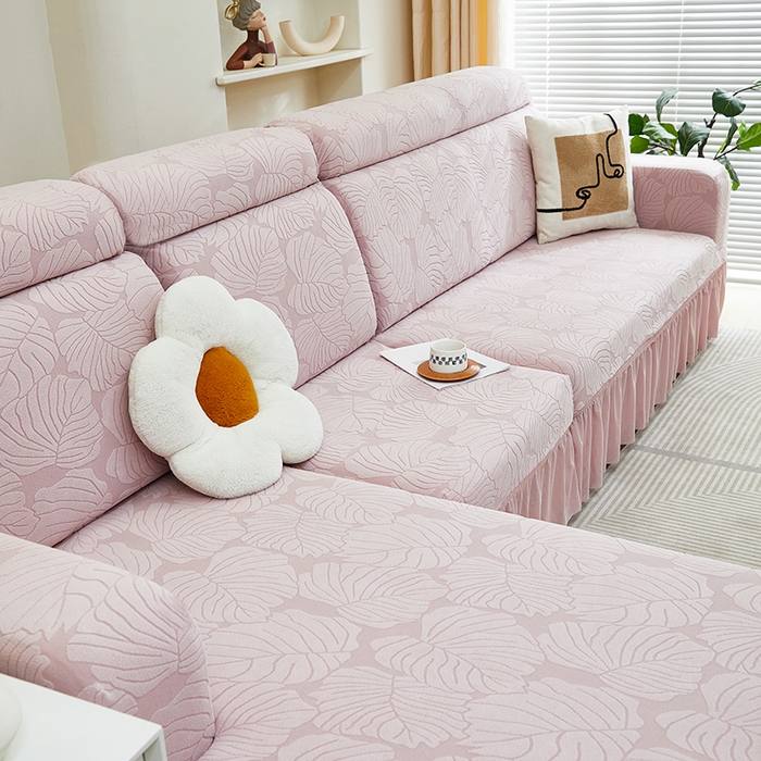 91家纺网 家纺一手货源 找家纺 丝绮鹿 2024新款羊羔绒沙发套裙边款（枫叶） 粉玉