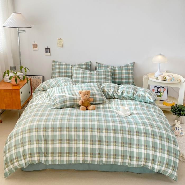 91家纺网 家纺一手货源 找家纺 雨帆家纺 2024新款水洗棉格子系列四件套 绿格子