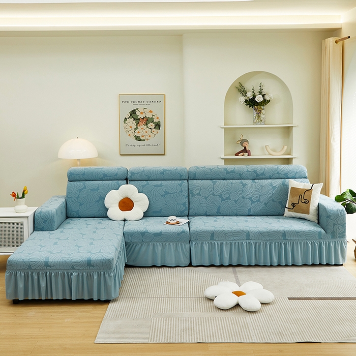 91家纺网 家纺一手货源 找家纺 丝绮鹿 2024新款羊羔绒沙发套裙边款（枫叶） 宁静蓝
