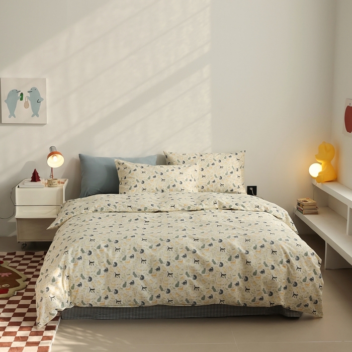 91家纺网 家纺一手货源 找家纺 棉眠 2024春季新款40支13070全棉卡通四件套 猫屋