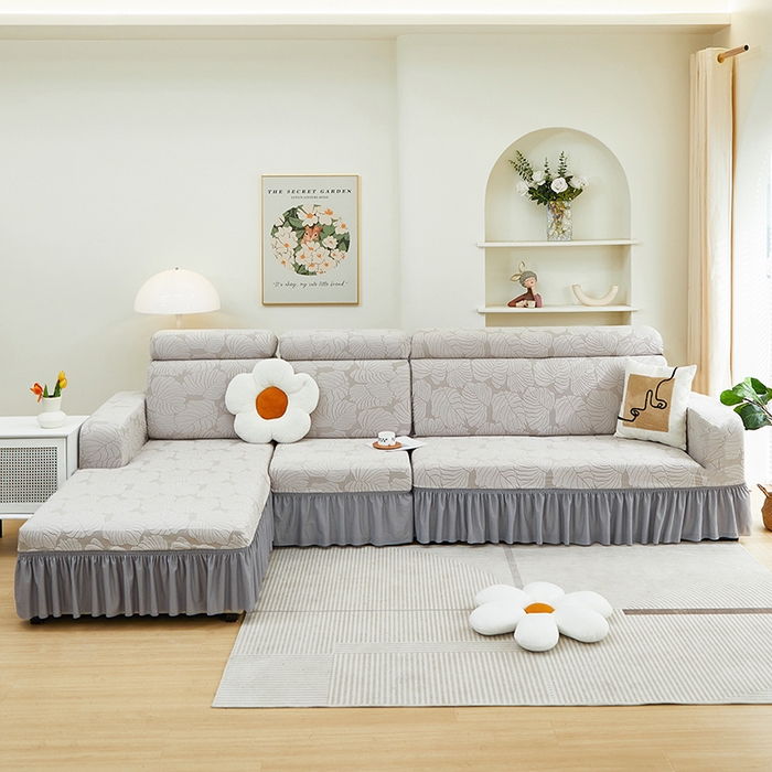 91家纺网 家纺一手货源 找家纺 丝绮鹿 2024新款羊羔绒沙发套裙边款（枫叶） 银灰