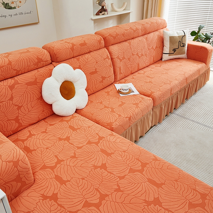 91家纺网 家纺一手货源 找家纺 丝绮鹿 2024新款羊羔绒沙发套裙边款（枫叶） 亮橙