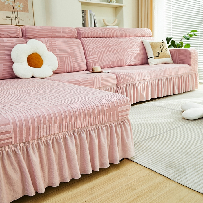 91家纺网 家纺一手货源 找家纺 丝绮鹿 2024新款提花绒沙发套裙边款（幸福） 幸福-暗粉