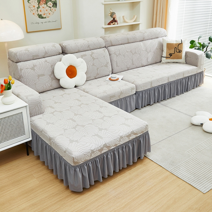 91家纺网 家纺一手货源 找家纺 丝绮鹿 2024新款羊羔绒沙发套裙边款（枫叶） 银灰